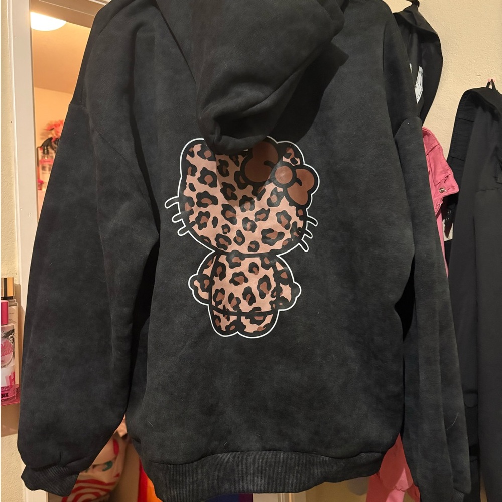 Hello Kitty Black Hoodie with Leopard Design